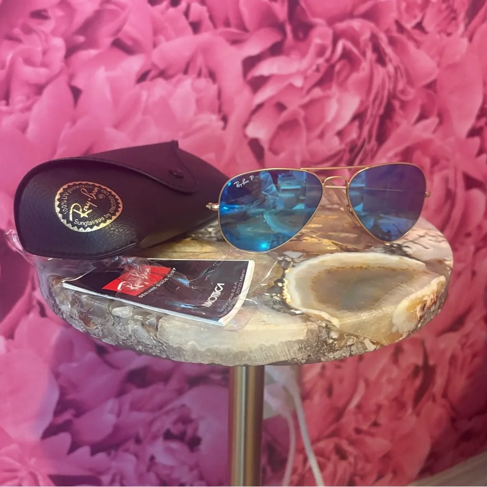 Ray-Ban Gold Frame Sunglasses with Blue Lenses - Picture 2 of 6